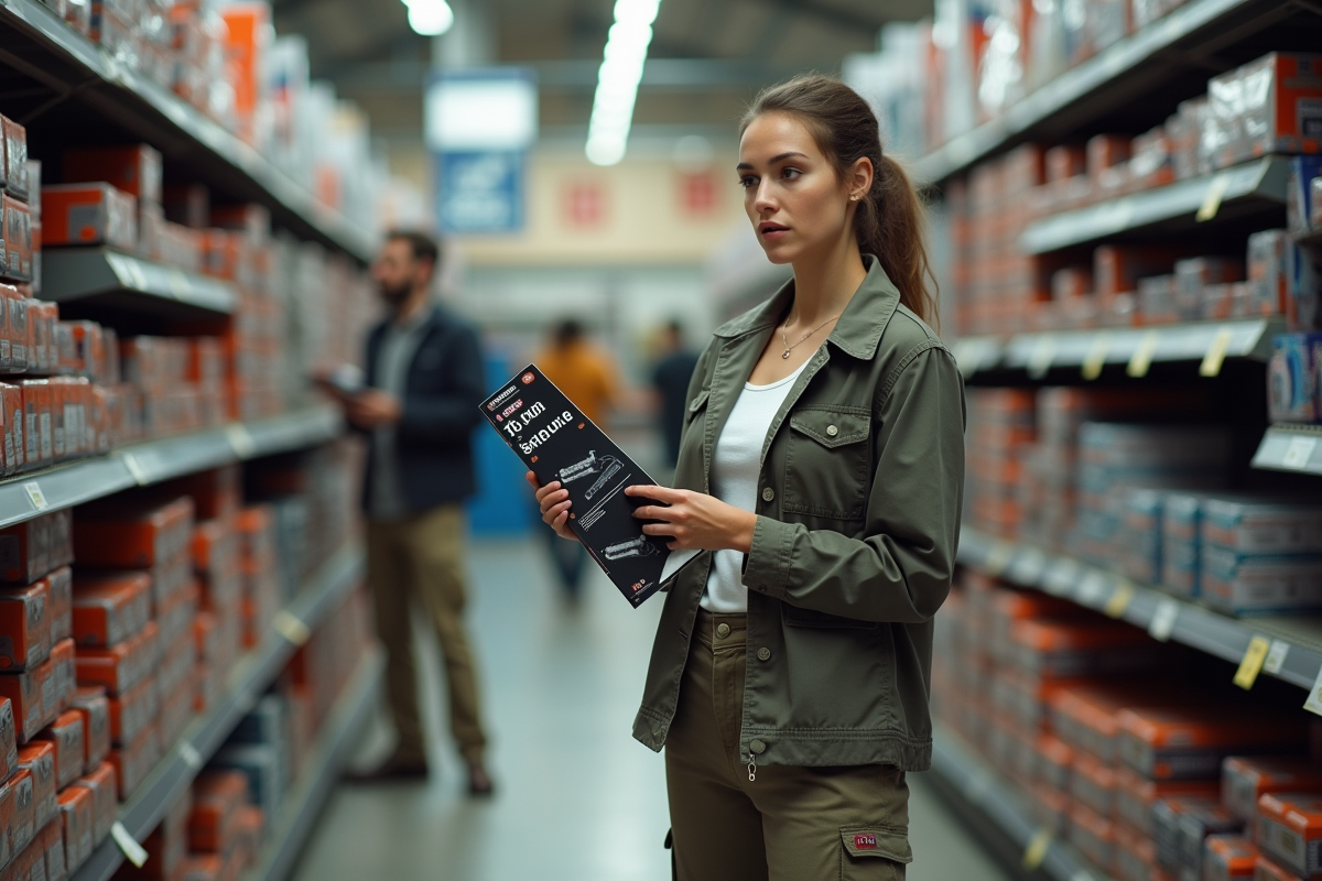 Femme achetant un attelage dans un magasin de bricolage