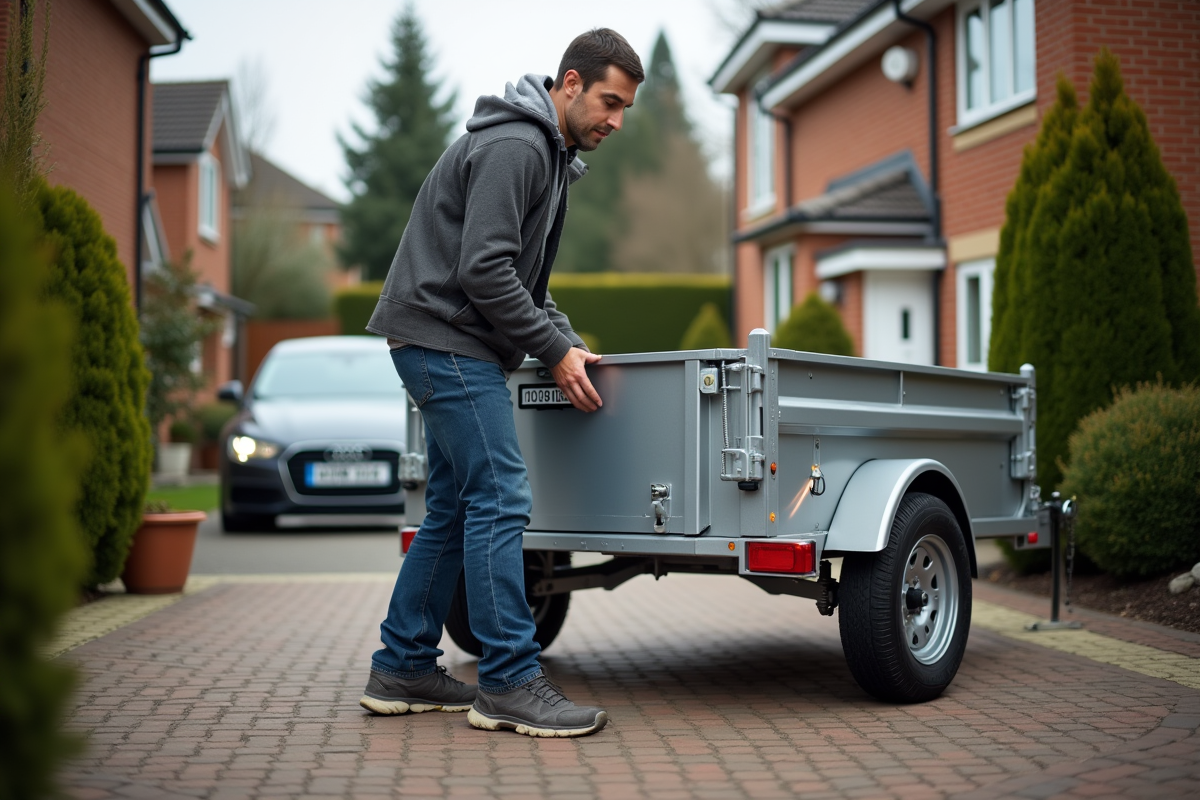 Homme attachant une plaque sur une remorque utilitaire dans la cour
