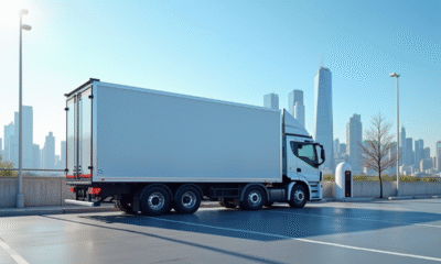Camion électrique moderne au chargeur avec skyline urbaine