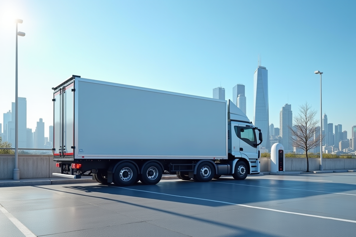 Camion électrique moderne au chargeur avec skyline urbaine