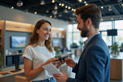 Client souriant avec un appareil électronique neuf lors d'une explication en magasin