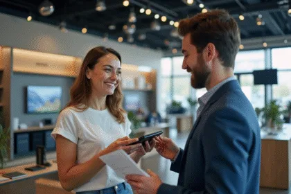 Client souriant avec un appareil électronique neuf lors d'une explication en magasin