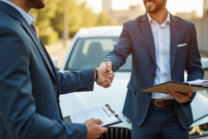 Propriétaire de voiture et agent d'assurance se serrant la main devant une berline moderne