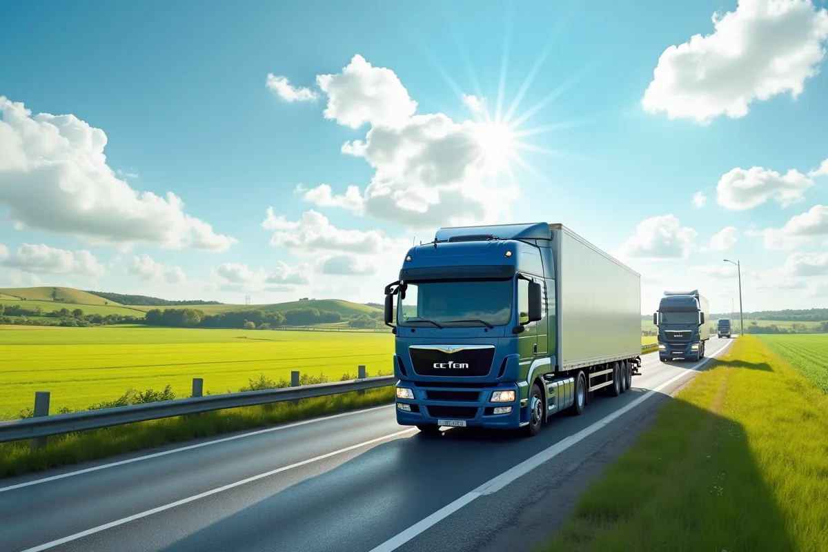 Convoi de camions de 26 tonnes sur route de campagne