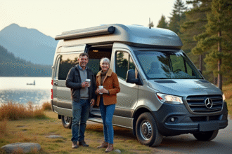 Couple souriant près d’un van au bord du lac