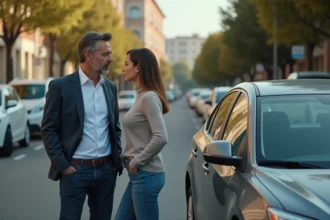 Homme d'affaires parlant avec une jeune femme à côté d'une voiture endommagée en ville