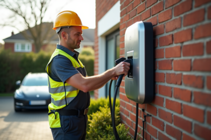 Électricien posant une borne de recharge EV devant une maison