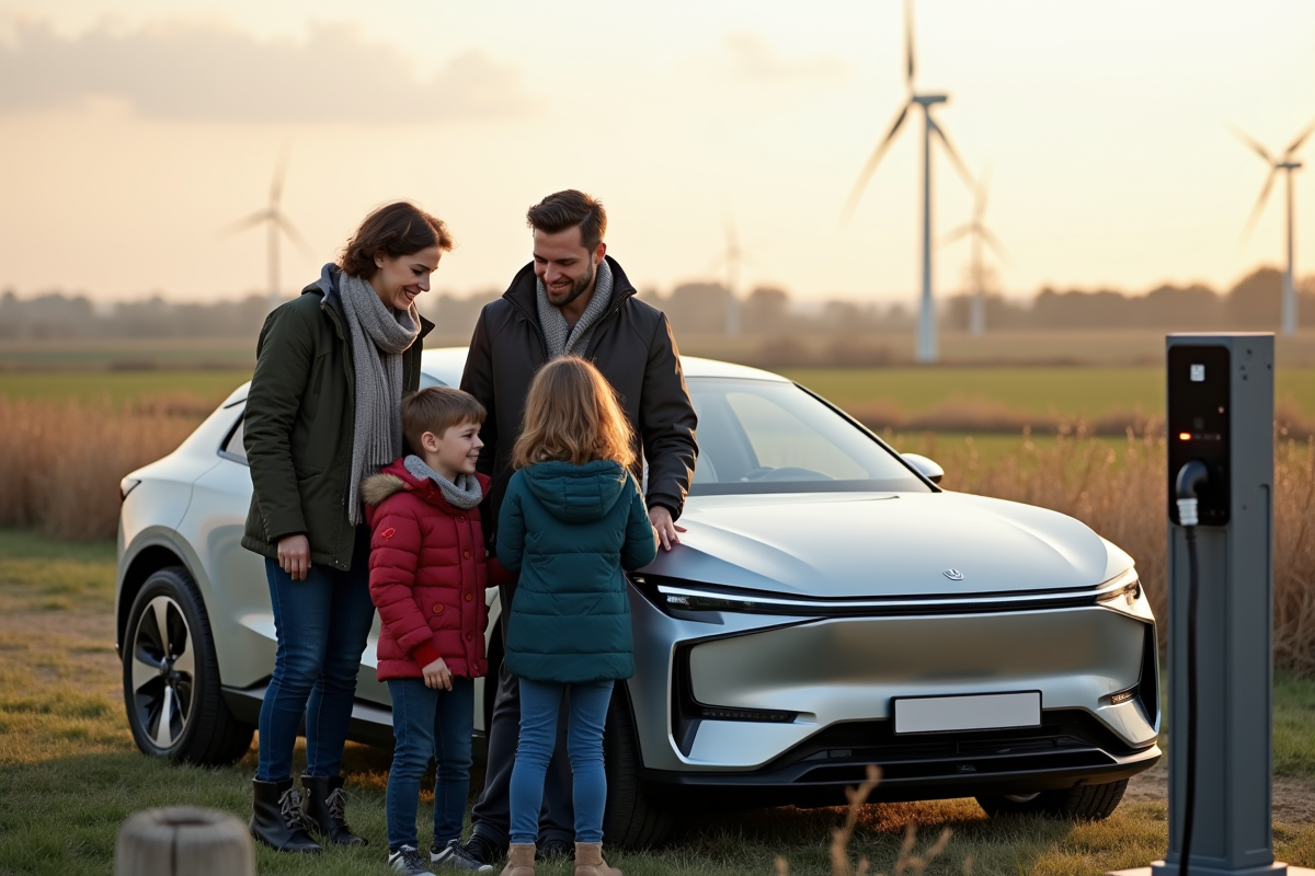 Famille belge autour d une voiture électrique en campagne