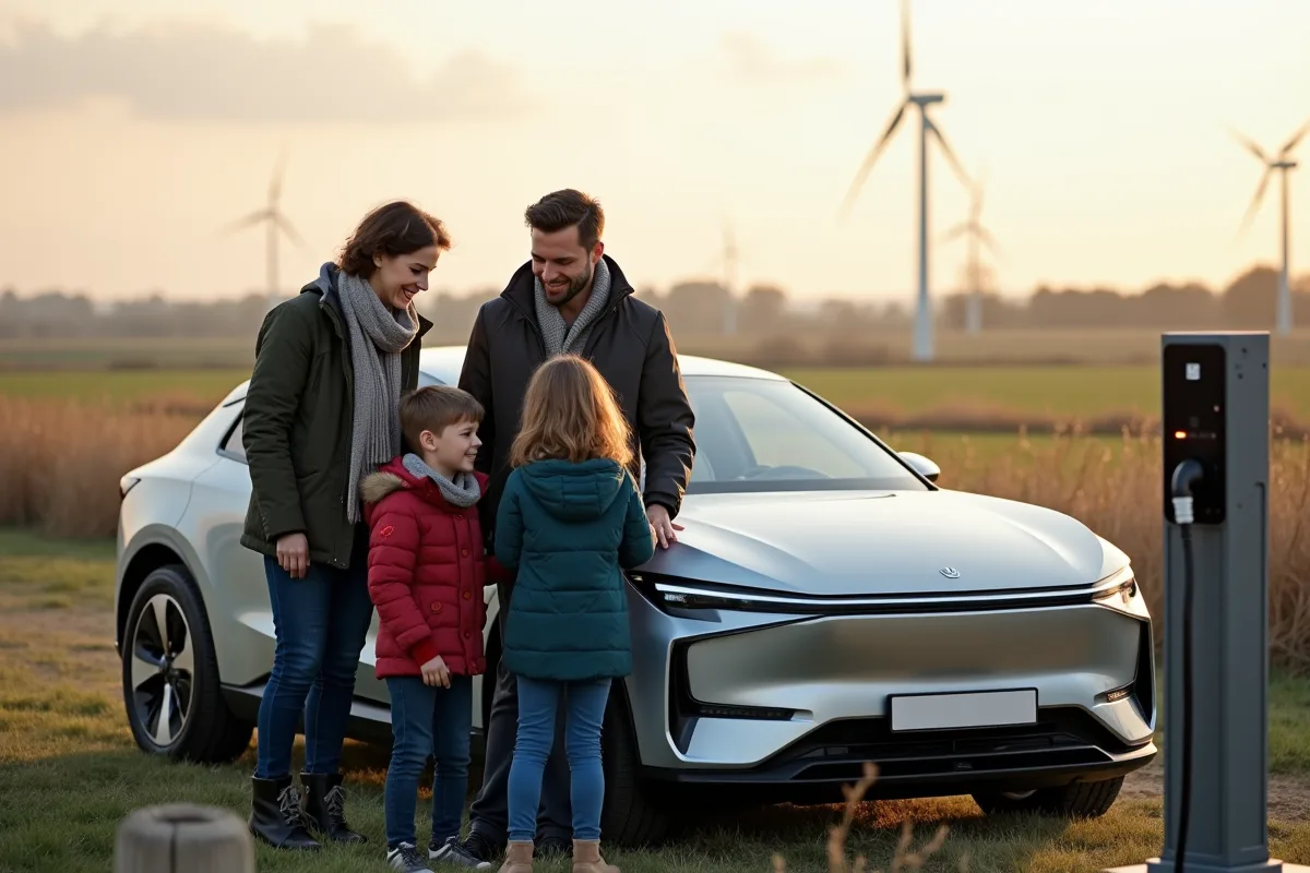 Famille belge autour d une voiture électrique en campagne