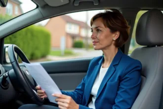 Femme d'âge moyen lisant des papiers d'assurance dans sa voiture