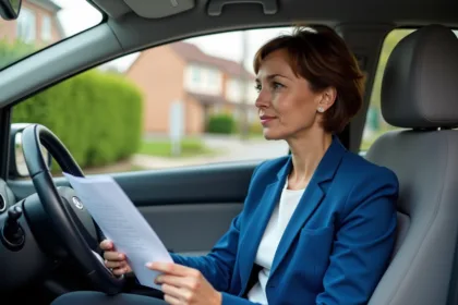Femme d'âge moyen lisant des papiers d'assurance dans sa voiture