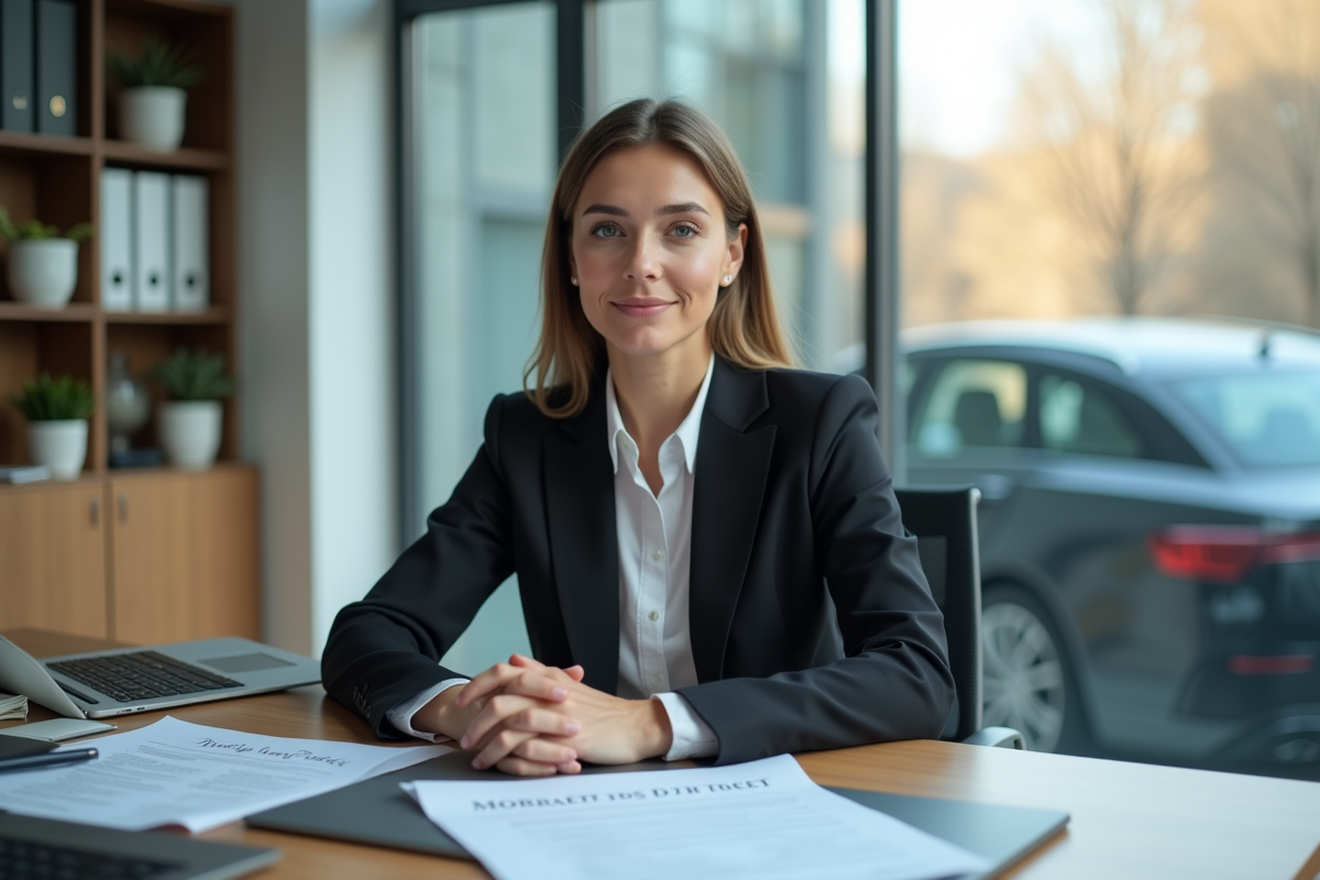 Jeune femme au bureau avec voiture visible par la fenêtre