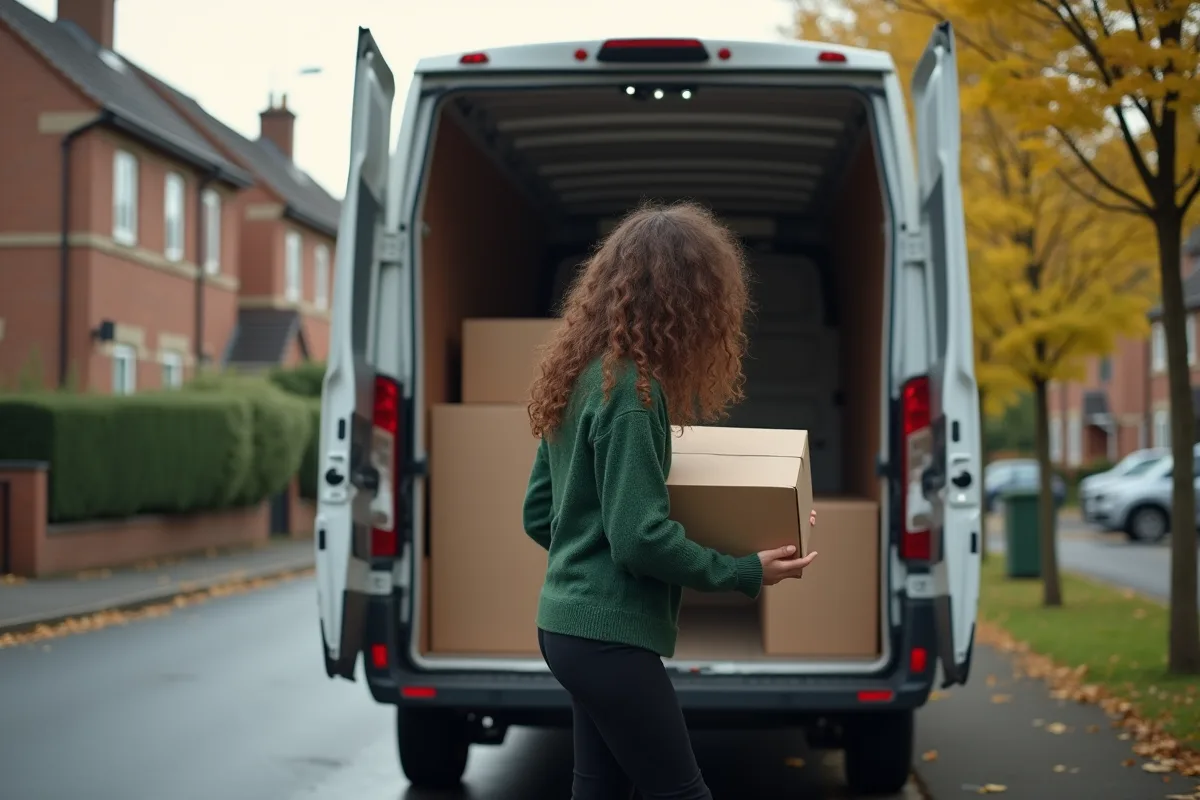 Femme chargeant des cartons dans un van résidentiel