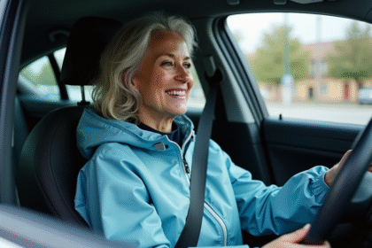 Femme en veste bleue attachant sa ceinture de sécurité dans la voiture