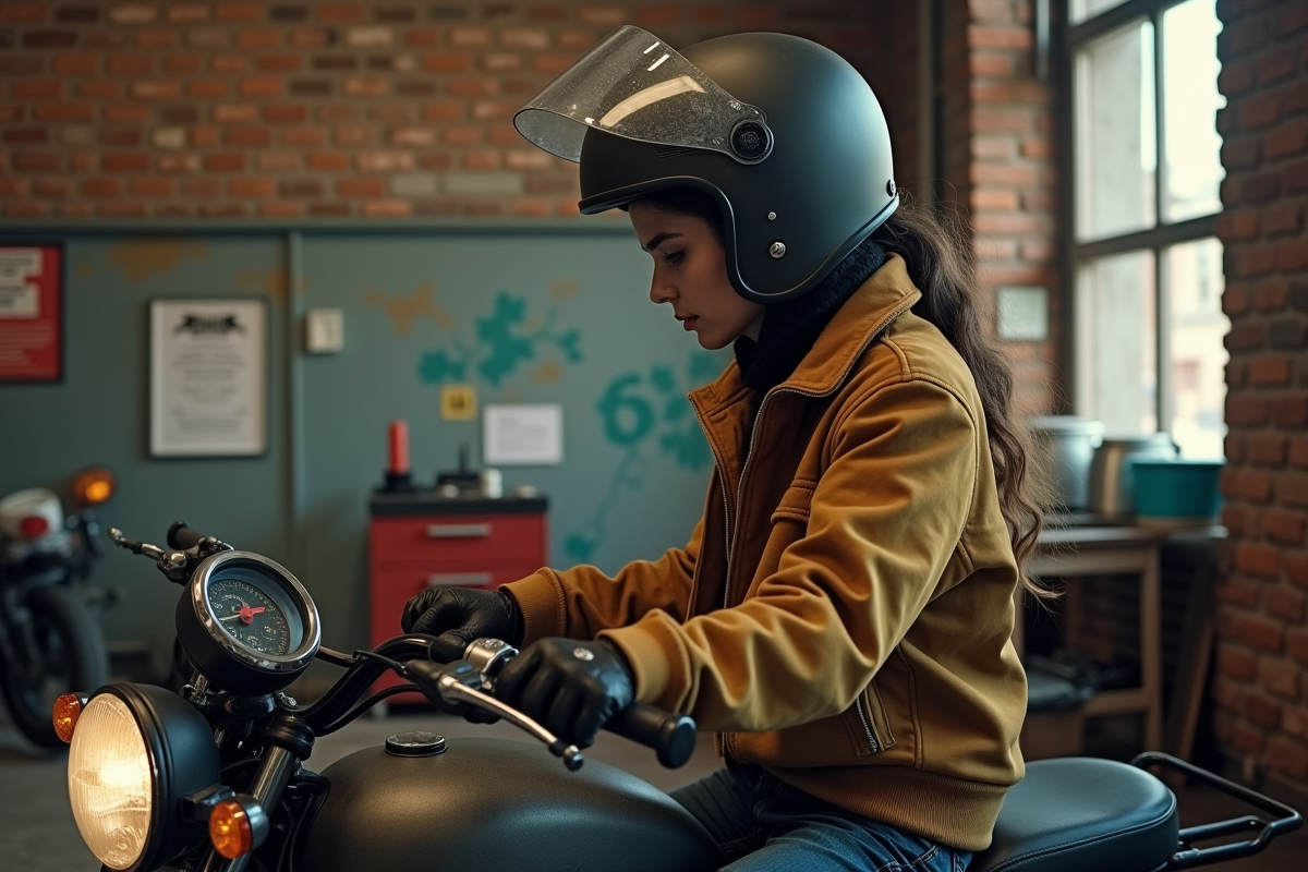 Jeune femme inspectant le compteur de sa moto en garage