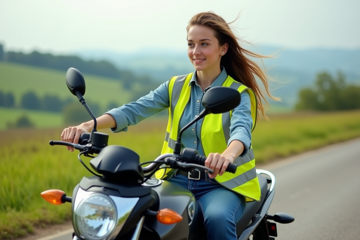 Femme en moto en campagne ajustant son miroir