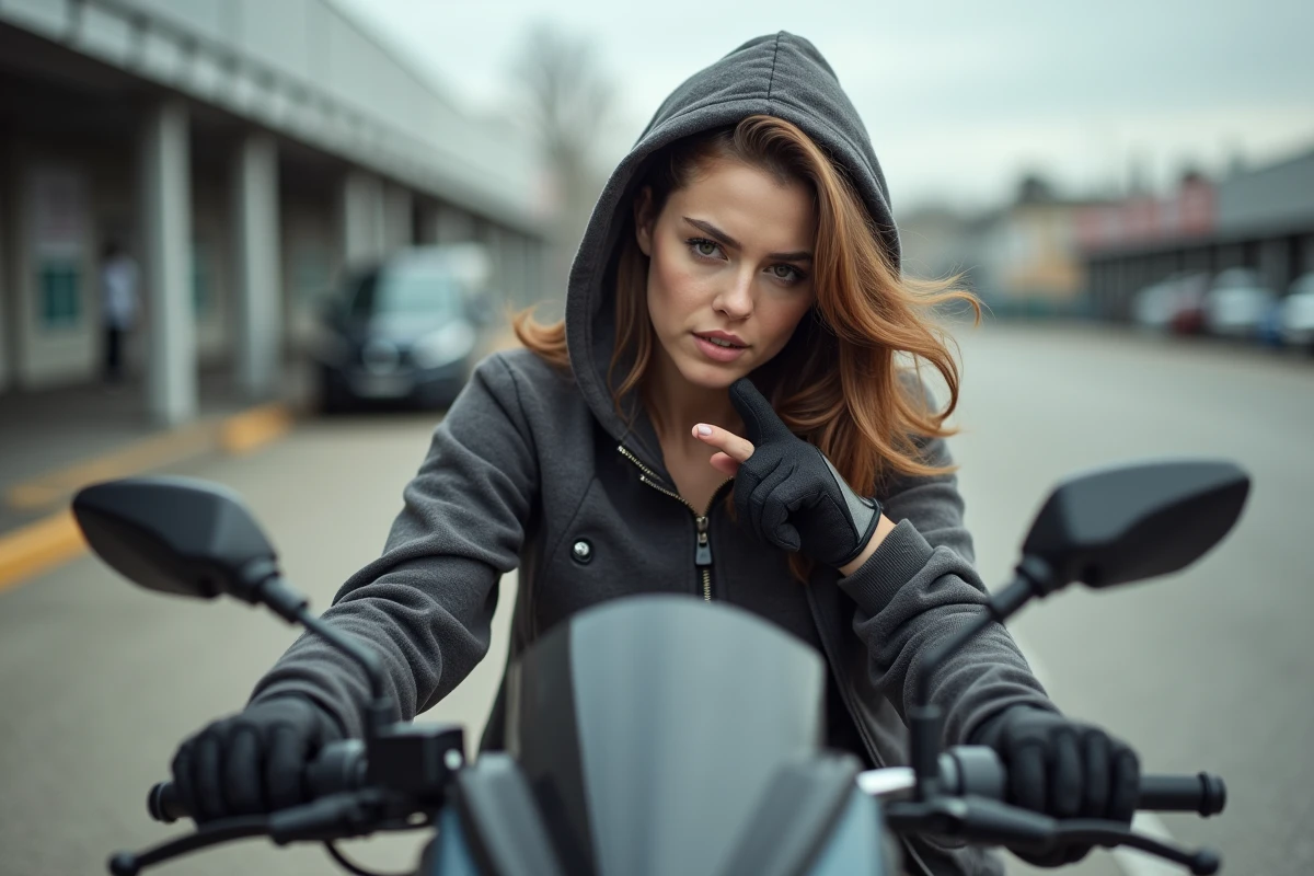 Femme sur une moto sportive pointant les commandes