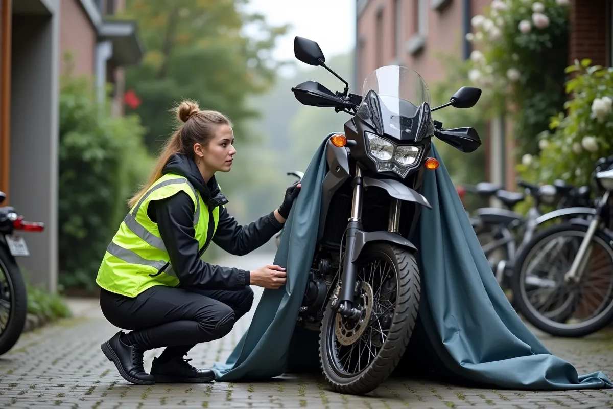 Jeune femme couvrant sa moto avec une bâche dans cour