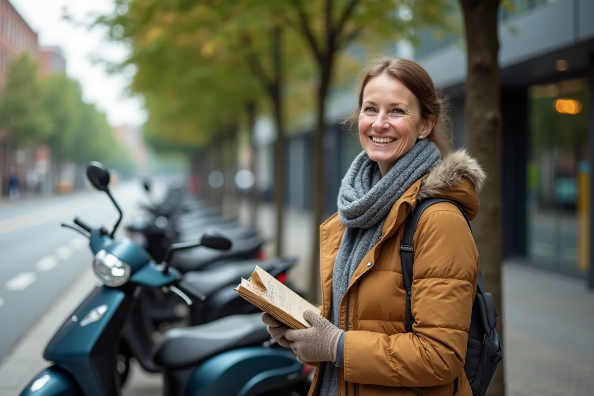 Femme souriante tenant un carnet de kilométrage à côté d