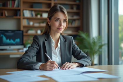 Femme en blazer examine un rapport de credit au bureau