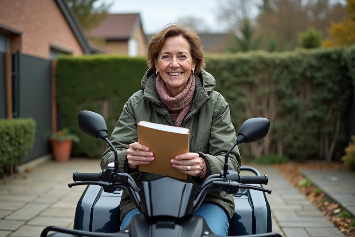 Femme avec permis de conduire et quad dans la cour