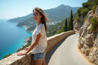 Jeune femme en randonnée sur la côte corse avec vue panoramique