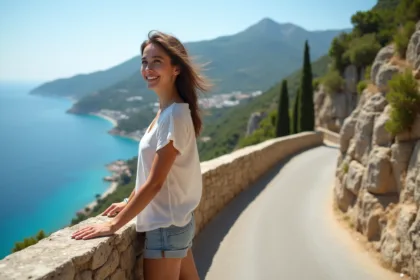 Jeune femme en randonnée sur la côte corse avec vue panoramique