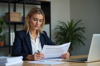 Femme en blazer bleu examine un document d'assurance