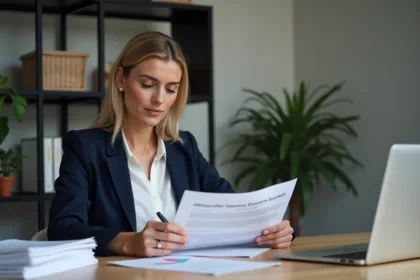Femme en blazer bleu examine un document d'assurance