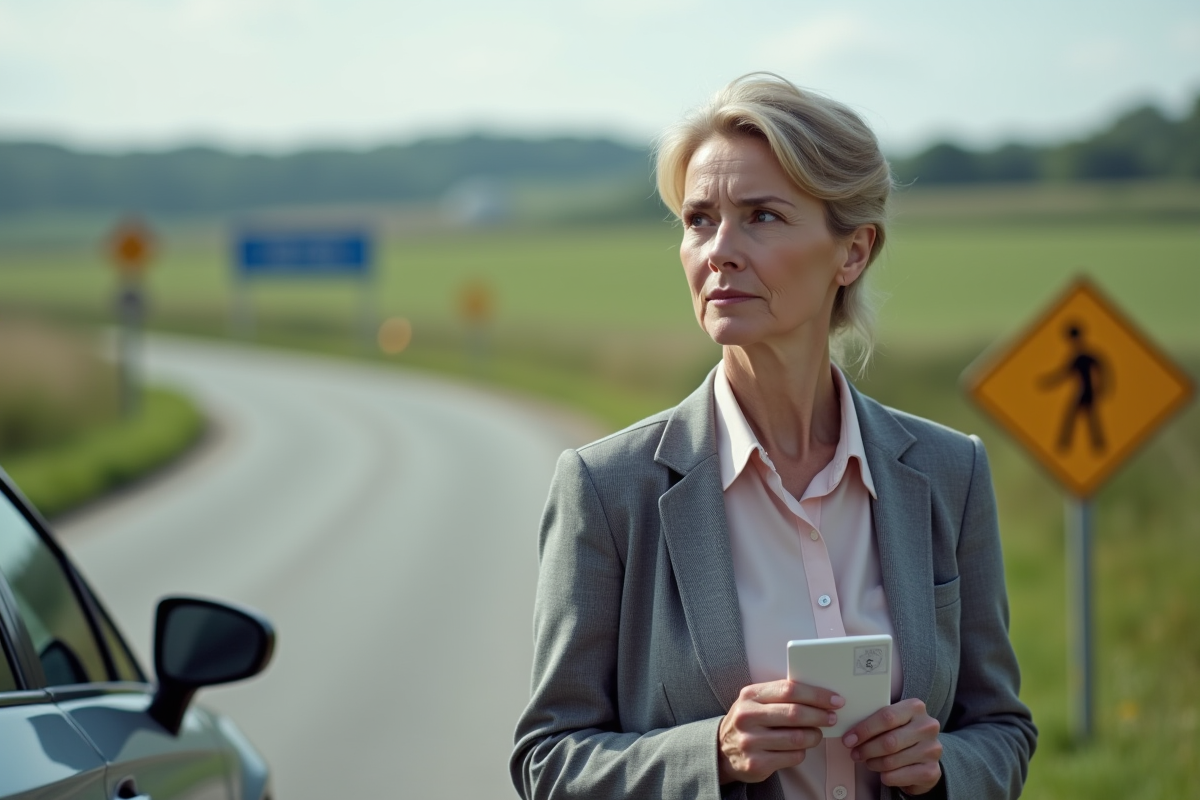 Femme rurale avec permis devant une route de campagne