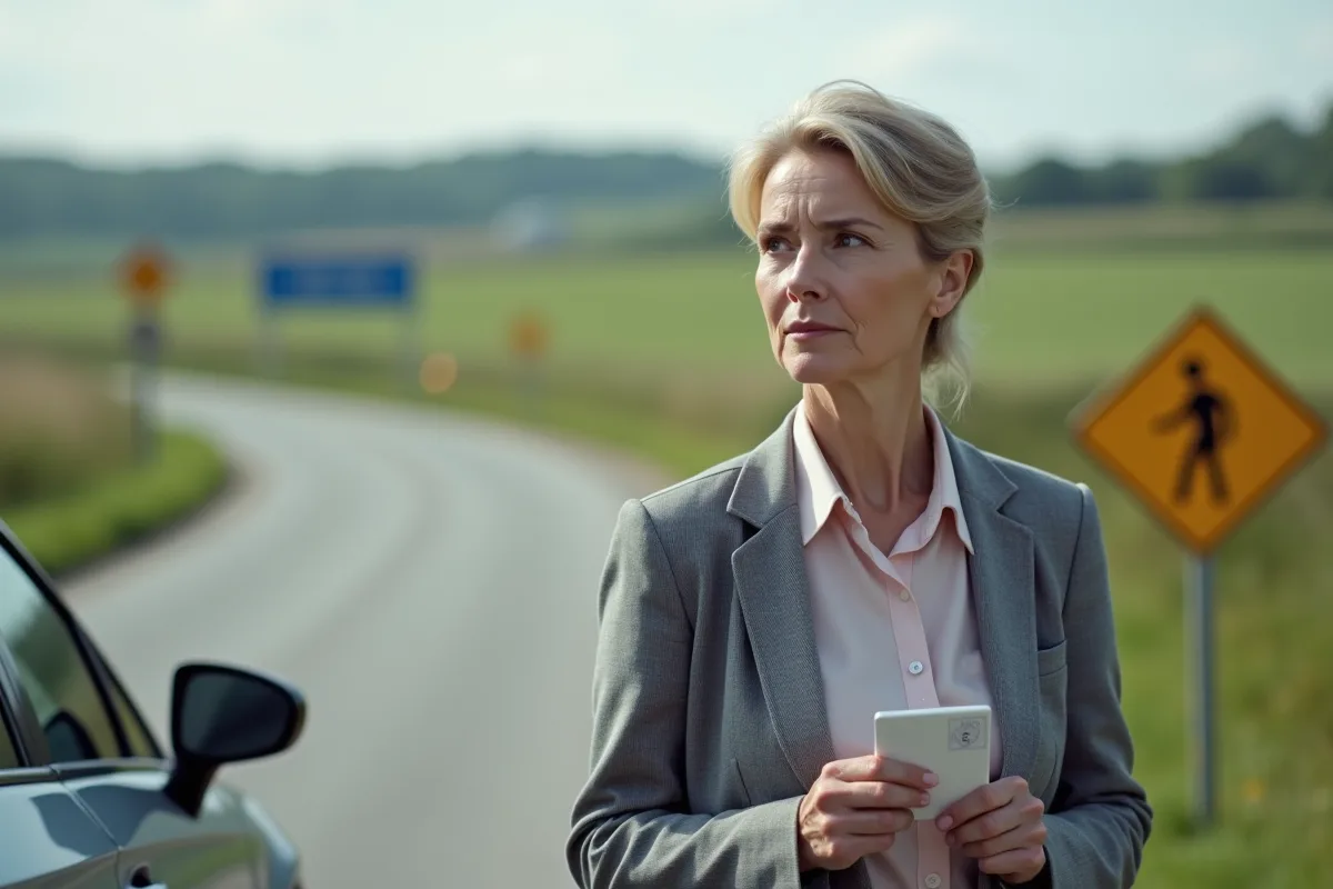 Femme rurale avec permis devant une route de campagne