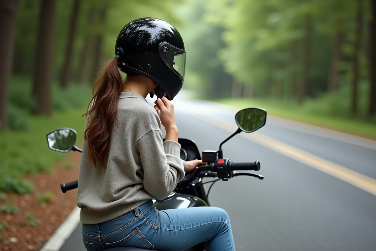 Femme attachant son casque de moto à côté de la moto