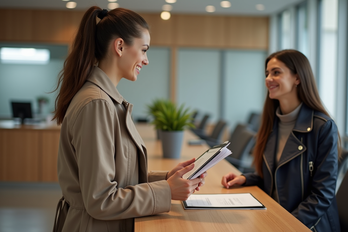 Jeune femme remet un dossier à une agente dans un bureau français