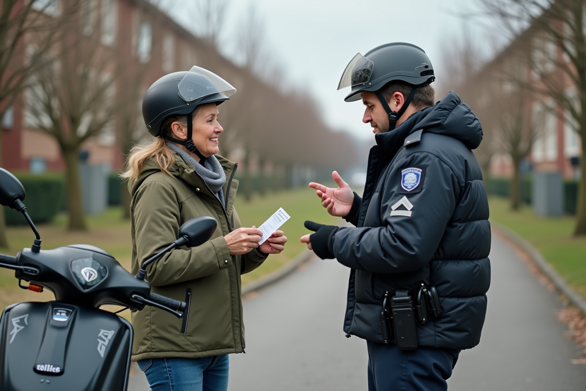 Femme présentant permis à un policier en banlieue