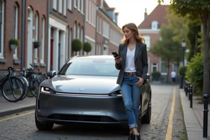 Femme élégante avec voiture électrique 2025 en ville belge