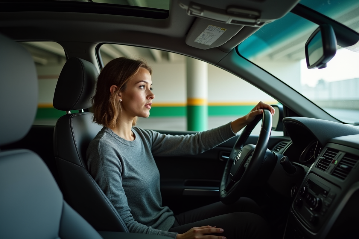 Jeune femme dans sa voiture au parking intérieur