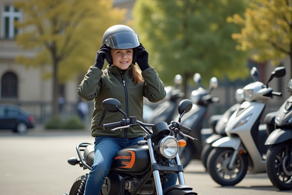 Fille française en moto en train de mettre son casque