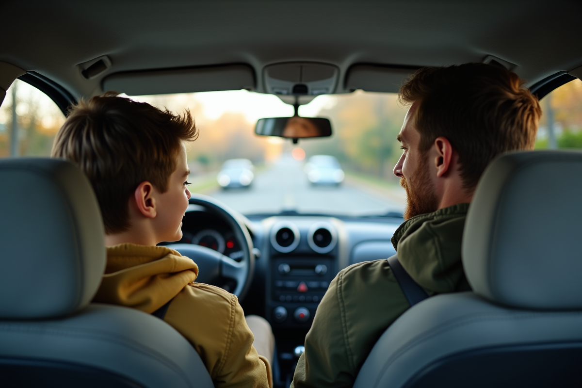 Jeune garçon souriant au volant d