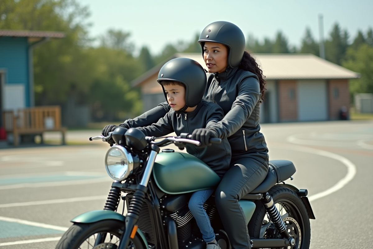 Instructrice en moto aidant un jeune en sidecar