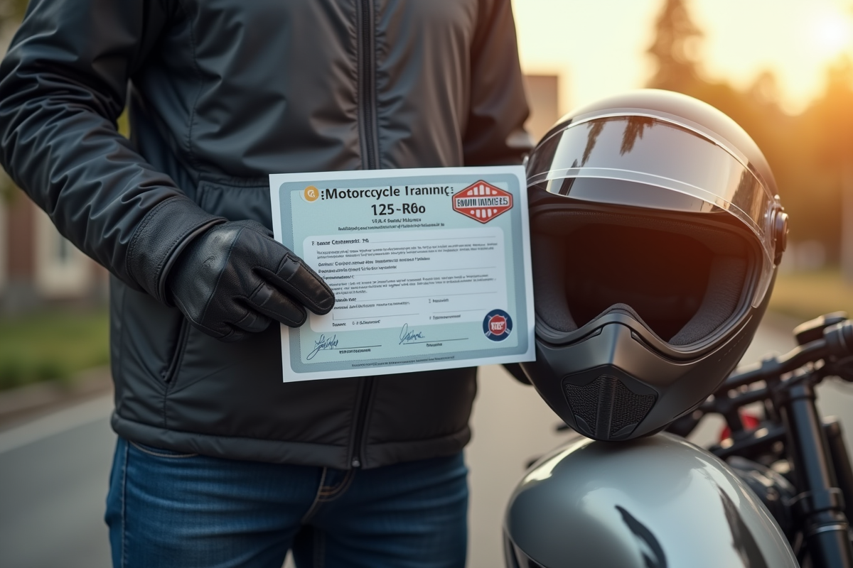Gants de motard tenant un certificat de formation moto