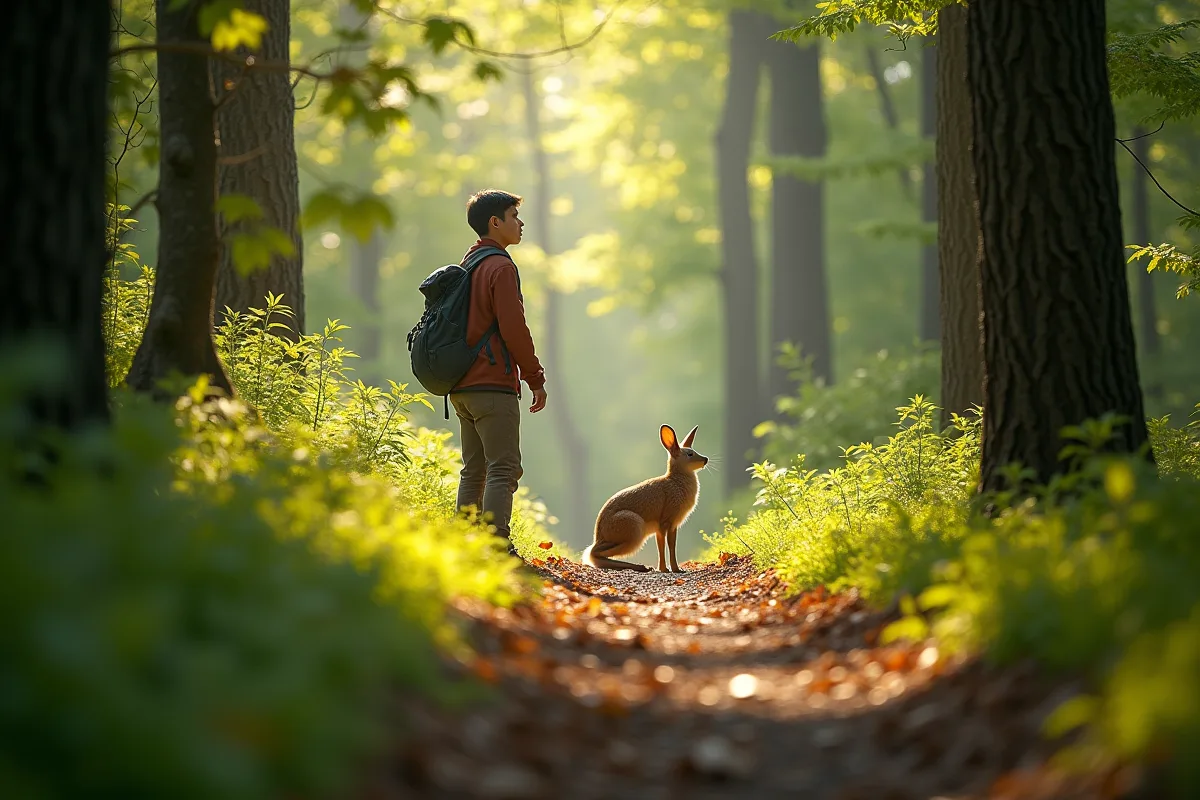 Chevreuil observant silencieusement entre les troncs d'arbres en forêt