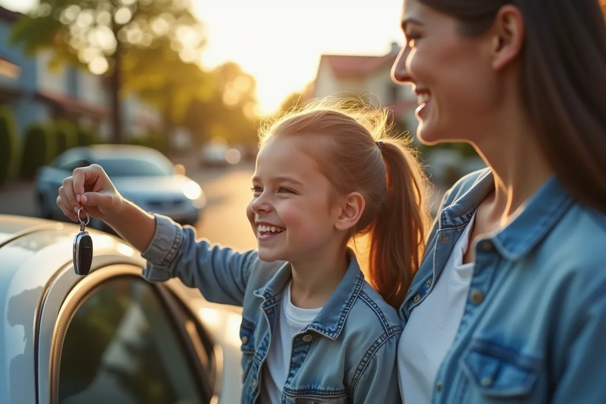 Adolescent fier avec son permis de conduire entouré de ses parents heureux