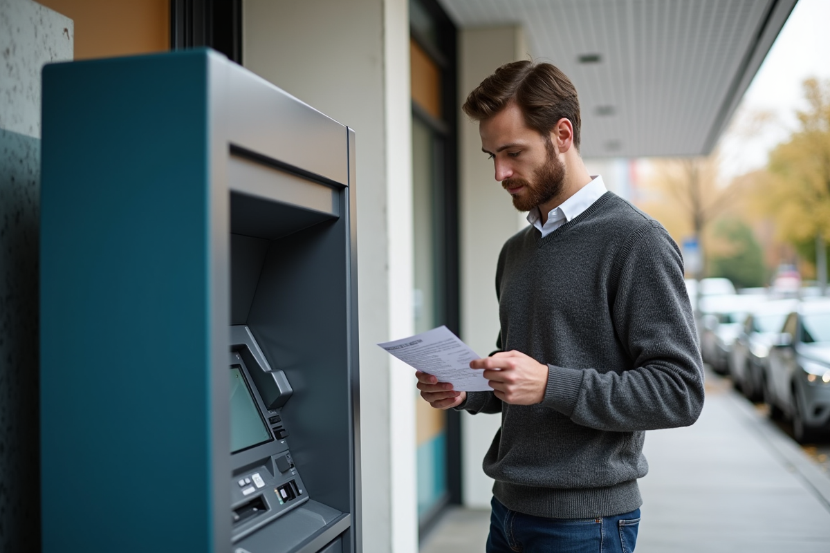 Homme décontracté consulte un relevé de credit à un distributeur