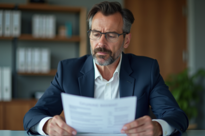 Homme d affaires en costume bleu examine documents d assurance