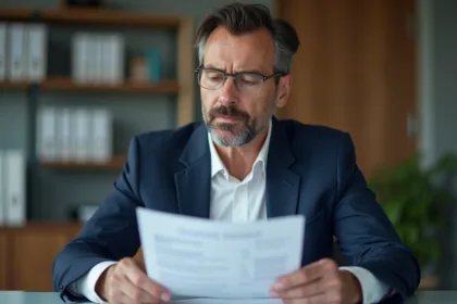 Homme d affaires en costume bleu examine documents d assurance