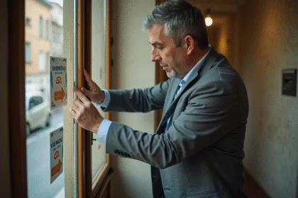 Homme posant un label vendu en letat sur une porte d appartement