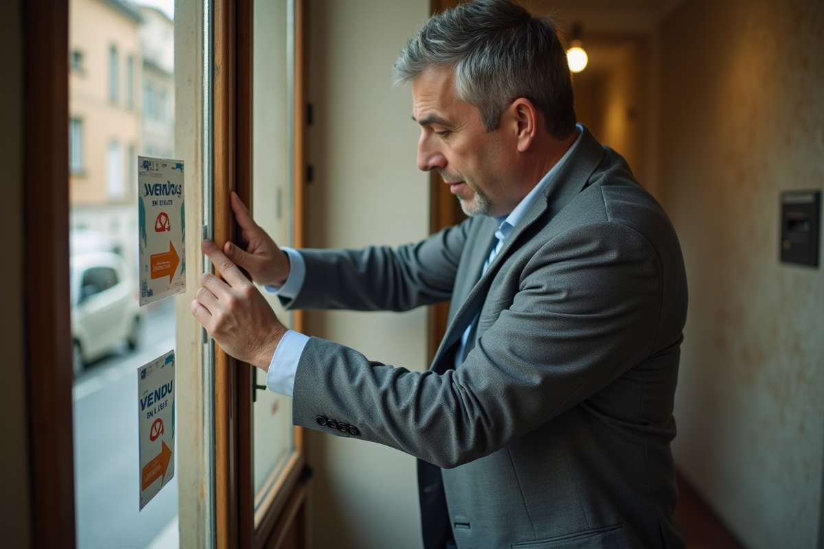 Homme posant un label vendu en letat sur une porte d appartement