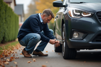 Homme en jeans changeant l'huile d'une voiture en extérieur