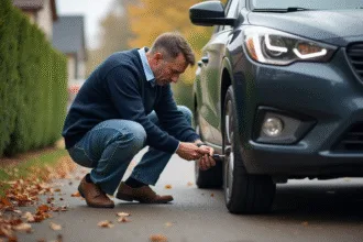 Homme en jeans changeant l'huile d'une voiture en extérieur