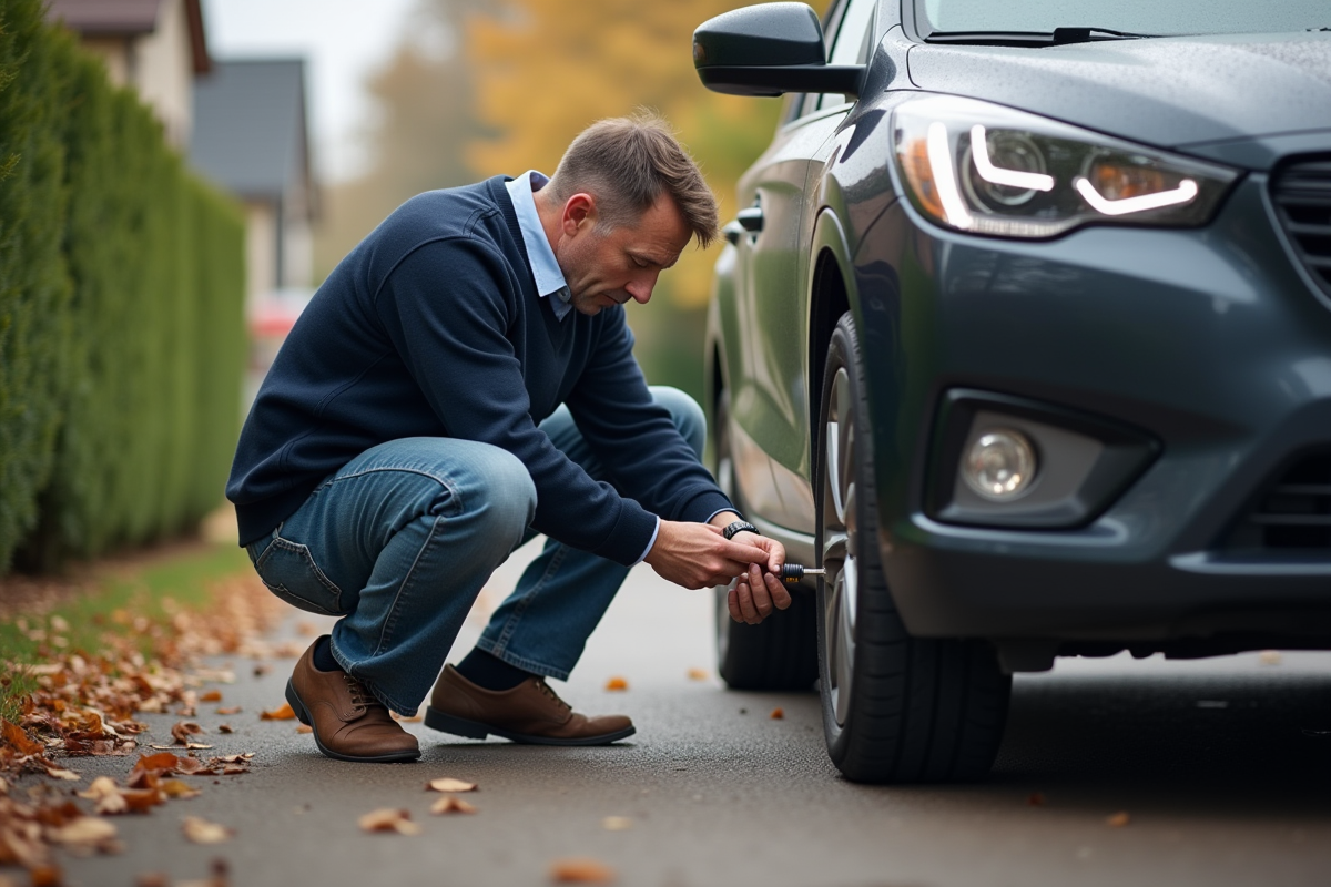 Homme en jeans changeant l'huile d'une voiture en extérieur